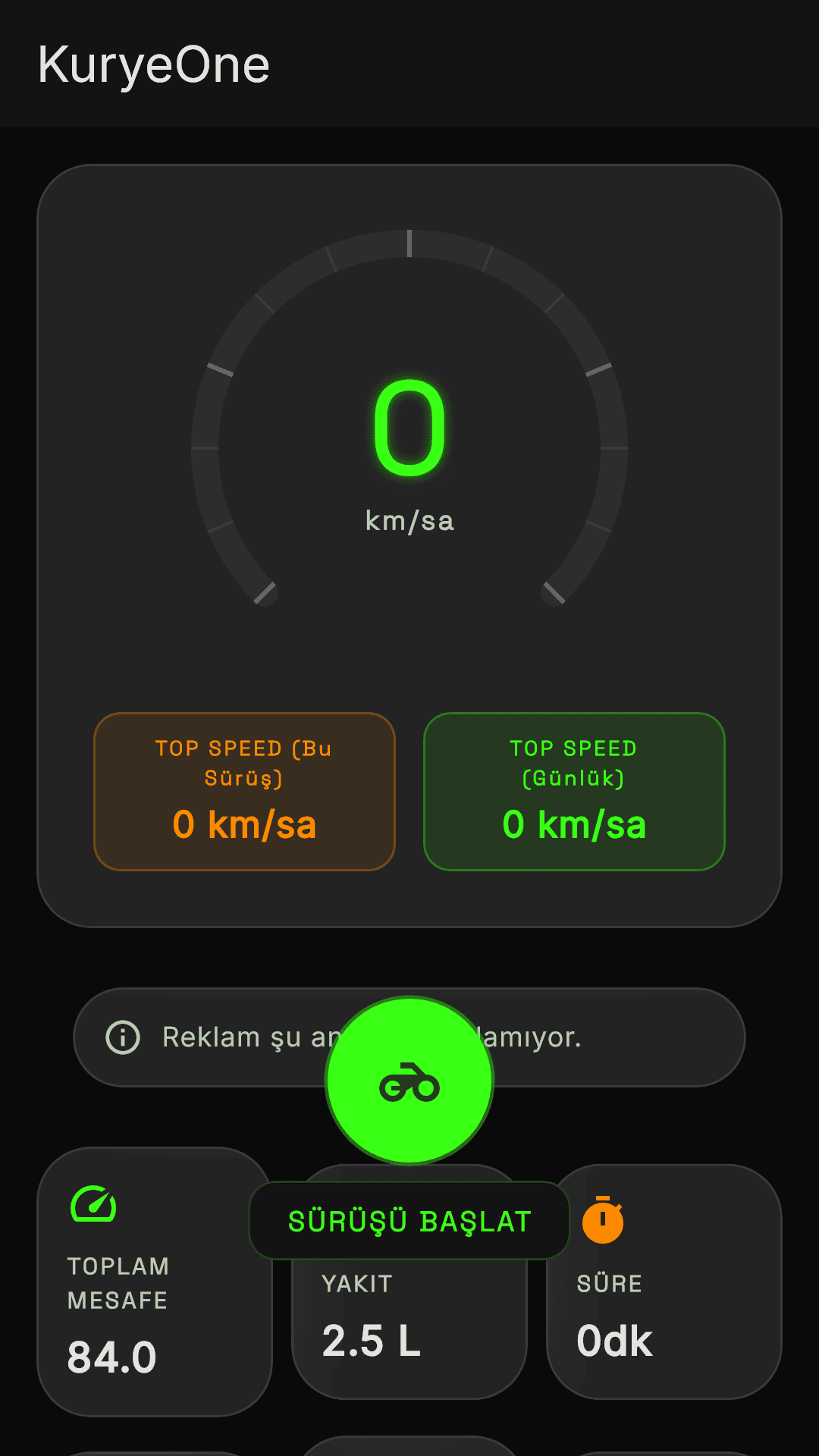 KuryeOne sürüş ve günlük özet ekranı, örnek verilerle