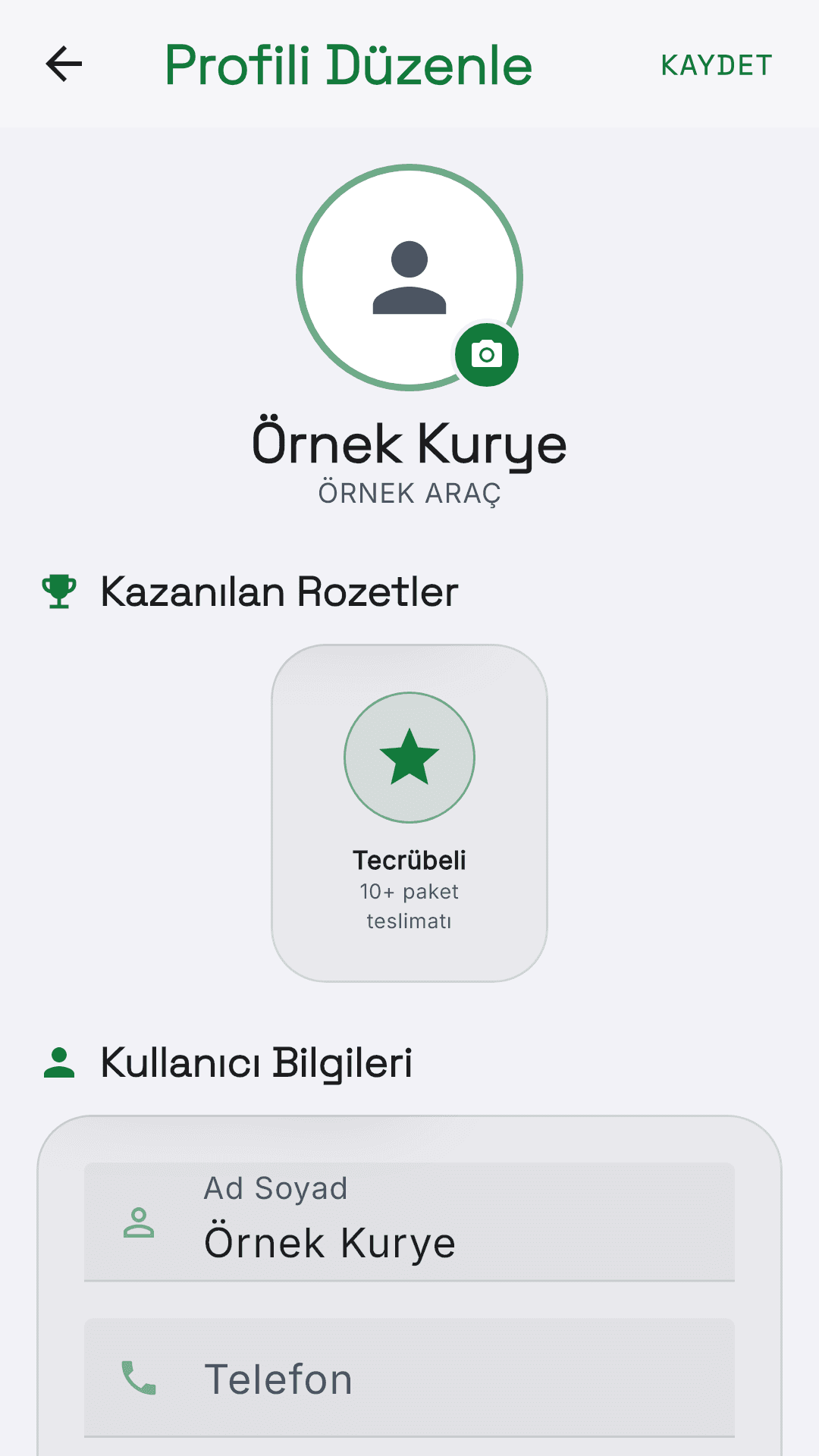 Profil ve araç — örnek veriler